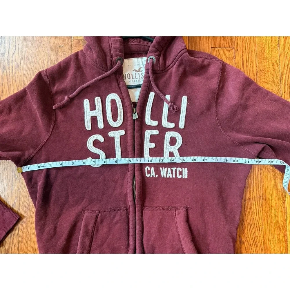 Y2K Hollister Hoodie Burgundy‎ Zip Up Sweater Unisex 2000s Red Sweater Graphic L